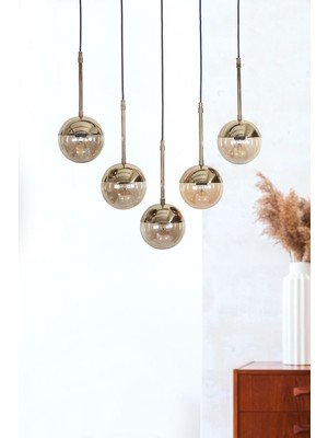 Woodhub Roza 5 Li Gold-Siyah Metal Gövde Bal Rengi Camlı Tasarım Lüx Sarkıt Avize