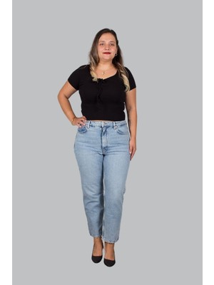 Büyük Beden Yüksek Bel Mom Jeans Pantolon Mavi