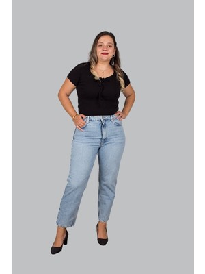 Büyük Beden Yüksek Bel Mom Jeans Pantolon Mavi