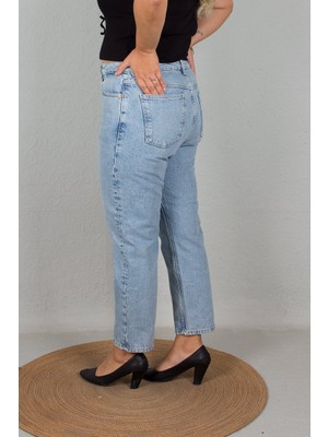 Büyük Beden Yüksek Bel Mom Jeans Pantolon Mavi