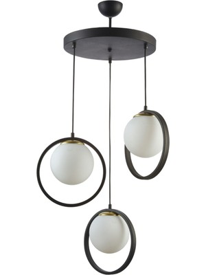 Woodhub Nina Modern Metal Siyah Renk Halkalı Kapalı Beyaz Camlı 3 Lü Avize