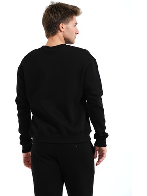 Justever Bisiklet Yaka Nakışlı Şardonlu Içi Polarlı Siyah Erkek Sweatshirt - Volar