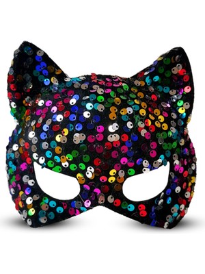 Gu Moda Siyah Kadife Kumaş Üzerine Rengarenk Payetli Pullu Parti Maskesi 16X14 cm