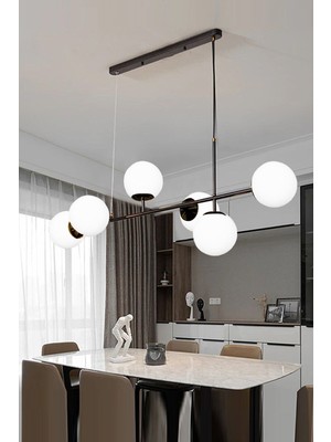 Woodhub Simao Modern Tasarım Siyah Renk Beyaz Camlı Salon - Yemek Masası Üstü - Mutfak Sıralı 6 Lı Avize