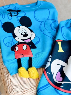 Magu Erkek Çocuk Mavi Mickey Mouse Desenli Pamuklu Sweatshirt Eşofman Alt-Üst Takım