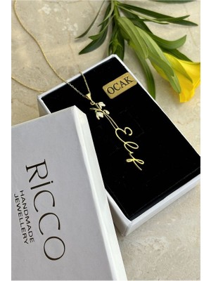 Ricco Jewellery 14 K Gold Kaplama 925 Ayar Gümüş Doğduğun Ay Yeşeren Çiçekli Isim Kolye