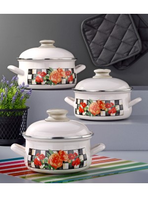 Bonera Emaye 6 Parça Krem Set Emaye Kapaklı - Beyaz Dama Dekor