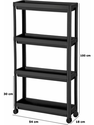 Tıkla Sende Tekerlekli Dikdörtgen 4 Katlı Raf Ünitesi Siyah Banyo Mutfak Düzenleyici Organizer Raf