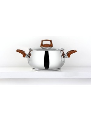 Bonera Lale 26cm Tekli Ahşap Kulplu Paslanmaz Çelik Tencere