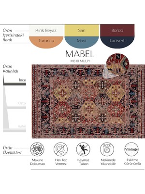 Cool Halı Mabel MB 01 Multy Anadolu Kilim Antik Desenli Kaymaz Taban Yıkanabilir Vintage Dokuma Makine Halısı