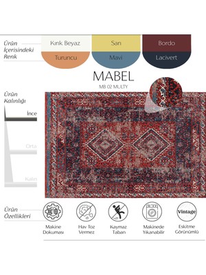 Cool Halı Mabel MB 02 Multy Anadolu Kilim Antik Desenli Kaymaz Taban Yıkanabilir Vintage Dokuma Makine Halısı