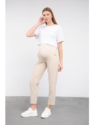 Busa Kadın Hamile Mom Fit Belden Ayarlı Esnek Gabardin Pantolon Bej Desenli Günlük Stil