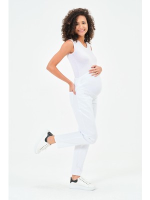 Hamile Esnek Karın Bantlı Bel Ayarlı Mom Fit Kot Pantolon Beyaz