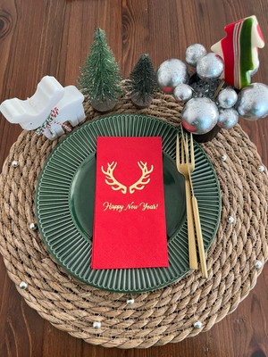 Kidspartim Gold Yaldızlı Kırmızı Happy New Year Geyik Boynuzu Peçete 16 Lı