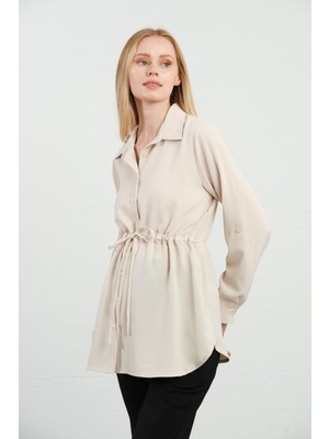 Busa Krem Hamile Uzun Kollu Gömlek Beli Bağcıklı Şık Tasarım ve Rahat Kesim