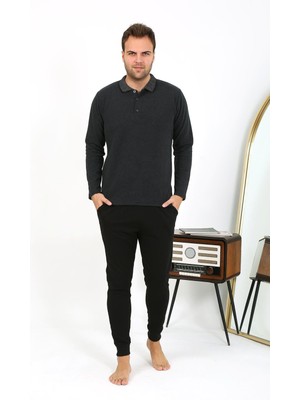 Akbeniz Erkek Polo Yaka Uzun Kol Penye Pijama Takımı Antrasit 6865