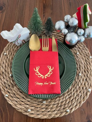 Kidspartim Gold Yaldızlı Kırmızı Cepli Aır Touch Happy New Year Geyik Boynuzu Peçete 12 Adet 40X40