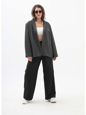 Kadın Kruvaze Yaka Oversize Blazer Ceket - Antrasit