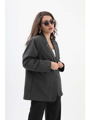 Kadın Kruvaze Yaka Oversize Blazer Ceket - Antrasit