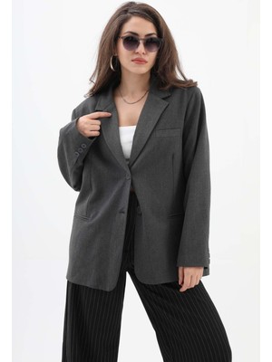 Kadın Kruvaze Yaka Oversize Blazer Ceket - Antrasit