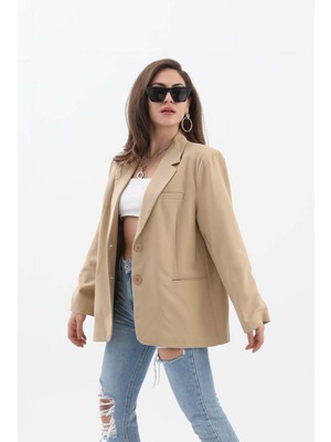 Kadın Kruvaze Yaka Oversize Blazer Ceket - Vizon