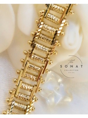 Sonat Collection Vip Seri 19 cm Xupıng Karama, Solma Yapmayan 14 k Gold Renk Hasır Çelik Bileklik