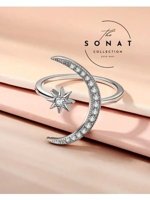 Sonat Collection Trendy Cuff Yüzük Ay ve Yıldız Tasarımı Hilal Şeklinde Zirkon Taşlı Ayarlanabilir Yüzük