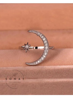 Sonat Collection Trendy Cuff Yüzük Ay ve Yıldız Tasarımı Hilal Şeklinde Zirkon Taşlı Ayarlanabilir Yüzük