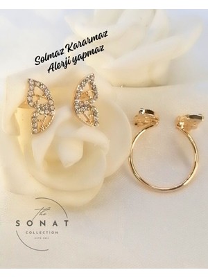 Sonat Collection Vip Seri Xupıng Solmaz, Kararma Yapmaz Gold Zirkon Taş Kelebekli Ayarlanabilir Yüzük