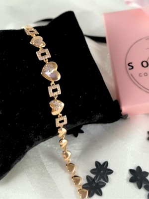 Sonat Collection Xupıng Zirkon Taşlı Rose Gold Kalpli Kareli Bileklik