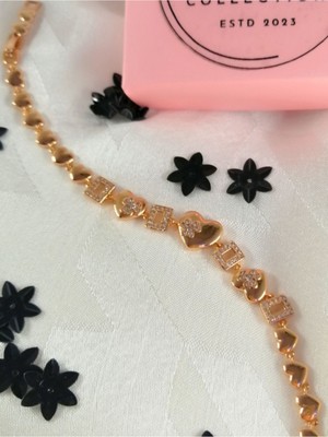 Sonat Collection Xupıng Zirkon Taşlı Rose Gold Kalpli Kareli Bileklik