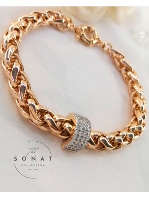 Sonat Collection Xupıng 21 Cm. Rose Gold Zirkon Taşlı Örme Zincir Bileklik