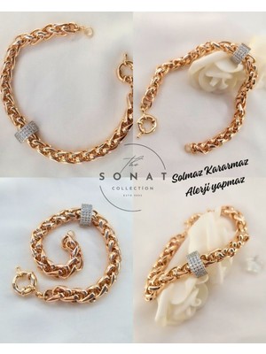 Sonat Collection Xupıng 21 Cm. Rose Gold Zirkon Taşlı Örme Zincir Bileklik