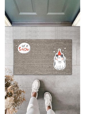 bebekokusu Dijital Baskı Gri Let It Snow Kukuletalı Kedi Dekoratif Kapı Paspası K-2058
