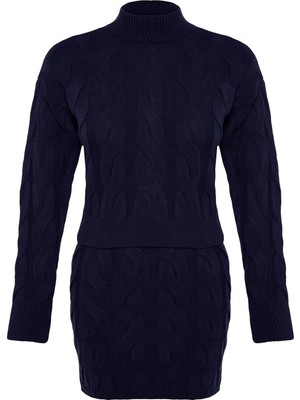 FRM Kadın Moda Şık Regular Boy Uzun Kollu Crop Dik Yaka Triko Etekli Alt-Üst Takım