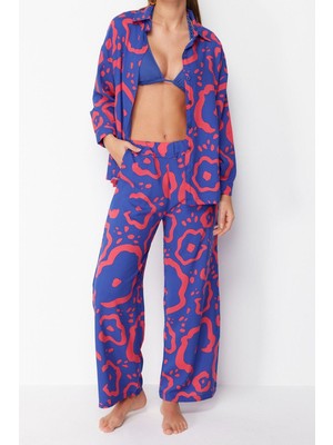 FRM Kadın Moda Şık Regular Uzun Boy Uzun Kollu Soyut Desenli Dokuma Gömlek Pantolon Takım