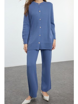 FRM Kadın Moda Şık Regular Boy Uzun Kollu Inci Düğmeli Triko Alt-Üst Takım