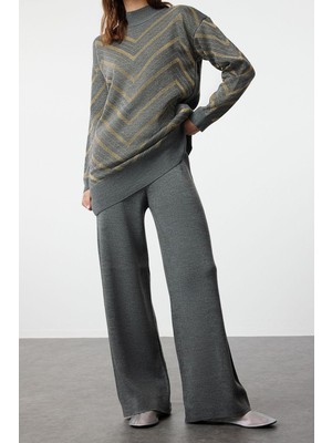 FRM Kadın Moda Şık Regular Boy Uzun Kollu Simli Triko Kazak Pantolon Alt-Üst Takım