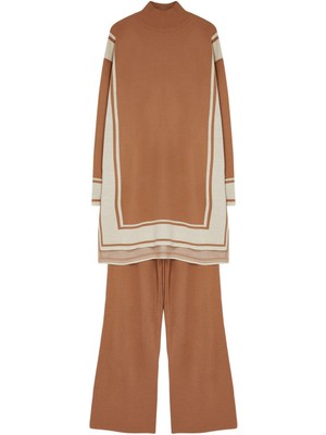 FRM Kadın Moda Şık Regular Boy Uzun Kollu Rahat Kesim Triko Çizgili Tunik-Pantolon Alt-Üst Takım