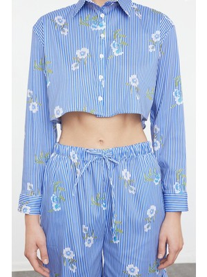 FRM Kadın Moda Şık Regular Boy Uzun Kollu Desenli Crop Dokuma Gömlek-Şort Takım