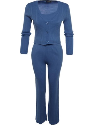 FRM Kadın Moda Şık Geniş Paça Crop Boy Uzun Kollu Fitillli Bluz Hırka Pantolon Triko Alt-Üst Takım