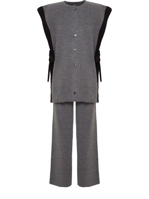 FRM Kadın Moda Şık Geniş Paça Kolsuz Renk Bloklu Yırtmaç Detaylı Yelek-Pantolon Triko Alt-Üst Takım