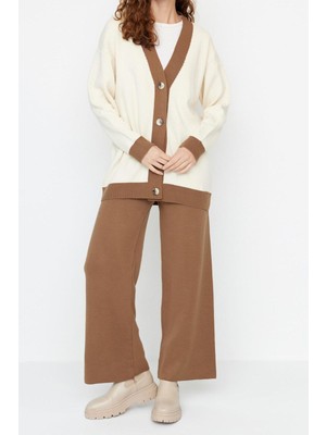 FRM Kadın Moda Şık Geniş Paça Regular Boy Uzun Kollu Şerit Detaylı Hırka-Pantolon Triko Takım