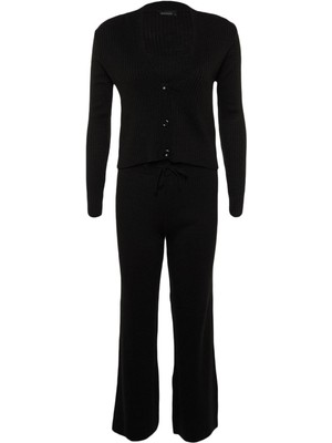 FRM Kadın Moda Şık Geniş Paça Crop Boy Uzun Kollu Fitillli Bluz Hırka Pantolon Triko Alt-Üst Takım