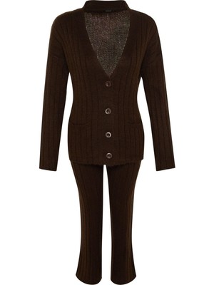 FRM Kadın Moda Şık Geniş Paça Regular Boy Uzun Kollu Geniş Kalıp Yumuşak Dokulu Triko Alt-Üst Takım