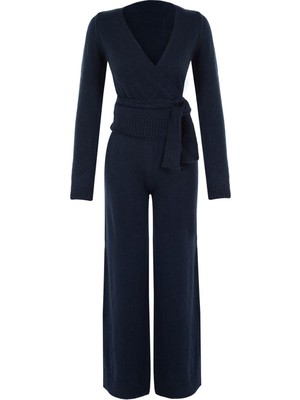 FRM Kadın Moda Şık Boru Paça Crop Boy Uzun Kollu Crop Kruvaze Bağlama Detaylı Triko Alt-Üst Takım