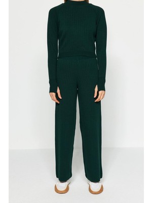 FRM Kadın Moda Şık Boru Paça Crop Boy Uzun Kollu Crop Parmak Detaylı Triko Alt-Üst Takım