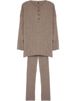 FRM Kadın Moda Şık Dar Paça Regular Boy Uzun Kollu Fitilli Geniş Kalıp Triko Alt-Üst Takım