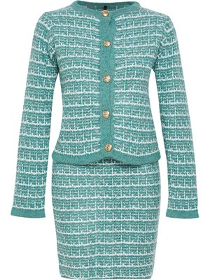 FRM Kadın Moda Şık Regular Boy Uzun Kollu Örgü Detaylı Yumuşak Dokulu Hırka-Etek Triko Alt-Üst Takım