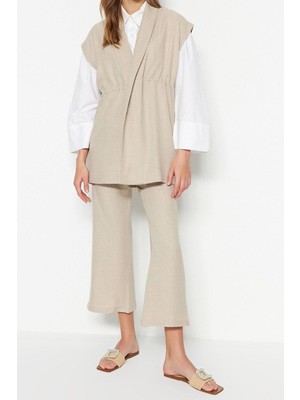 FRM Kadın Moda Şık Boru Paça Kolsuz Krem Içten Bağlamalı Keten Görünümlü Kimono-Pantolon Dokuma Takım